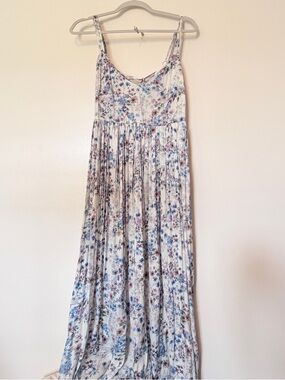 White Floral Maxi Dress with Blue & Mauve Print
